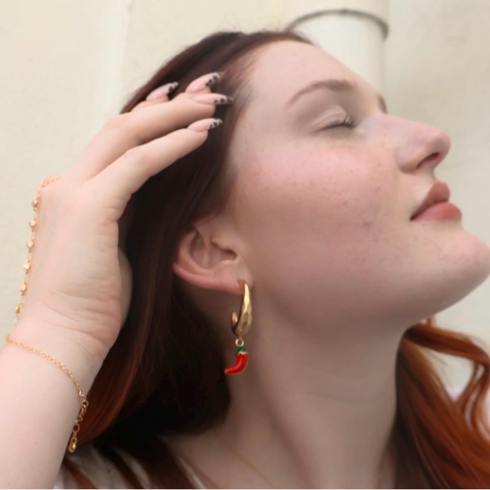 Red Chili Peppers Hoop Earrings, Hammered Thick Hoops & Stud, Hot Chili Peppers